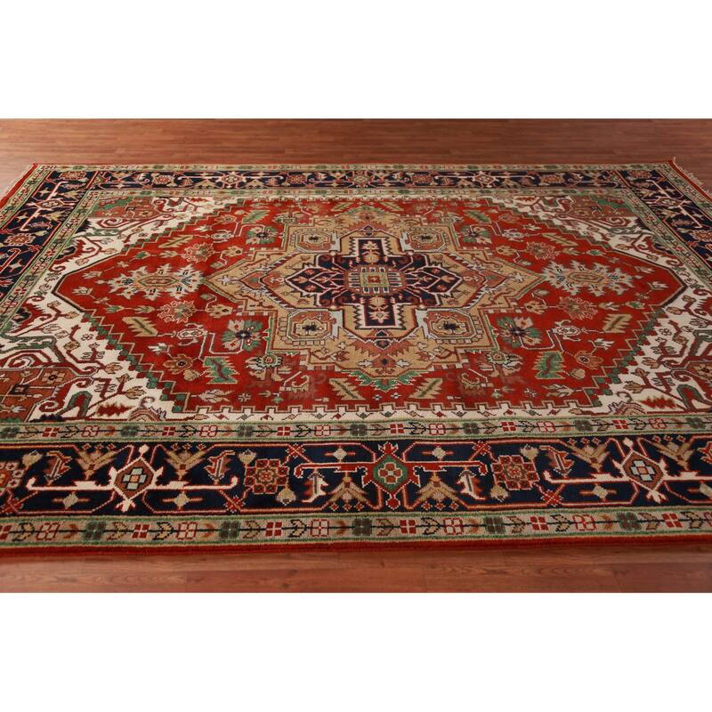 Geometric Medallion Heriz Serapi Area Rug Hand-Knotted Wool Carpet - 8'11"x 11'9"