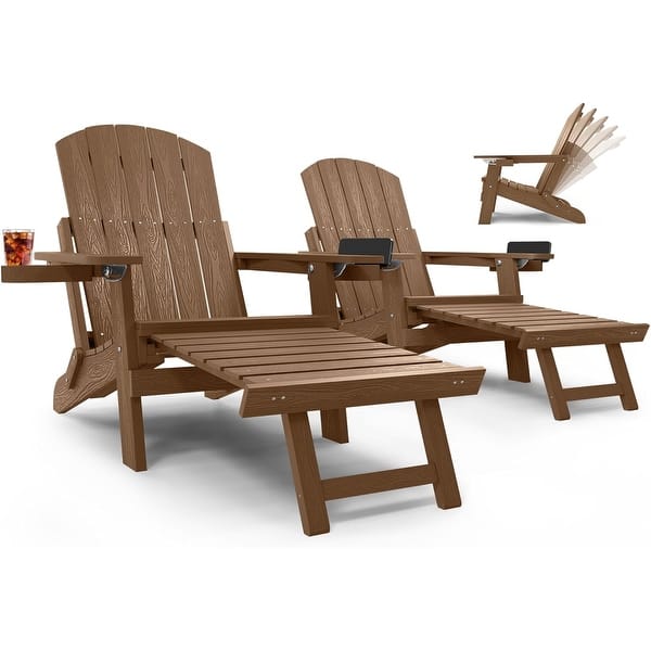slide 2 of 54, WINSOON Set of 2 HIPS Folding Adirondack Chair with Adjustable Backrest and Retractable Ottoman Teak