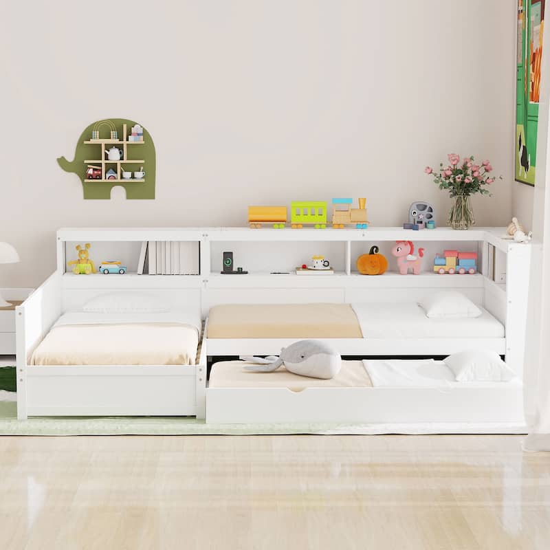 L-Shaped Wooden Twin Bed With Pull-Out Trundle & Built-In Storage Drawer‌