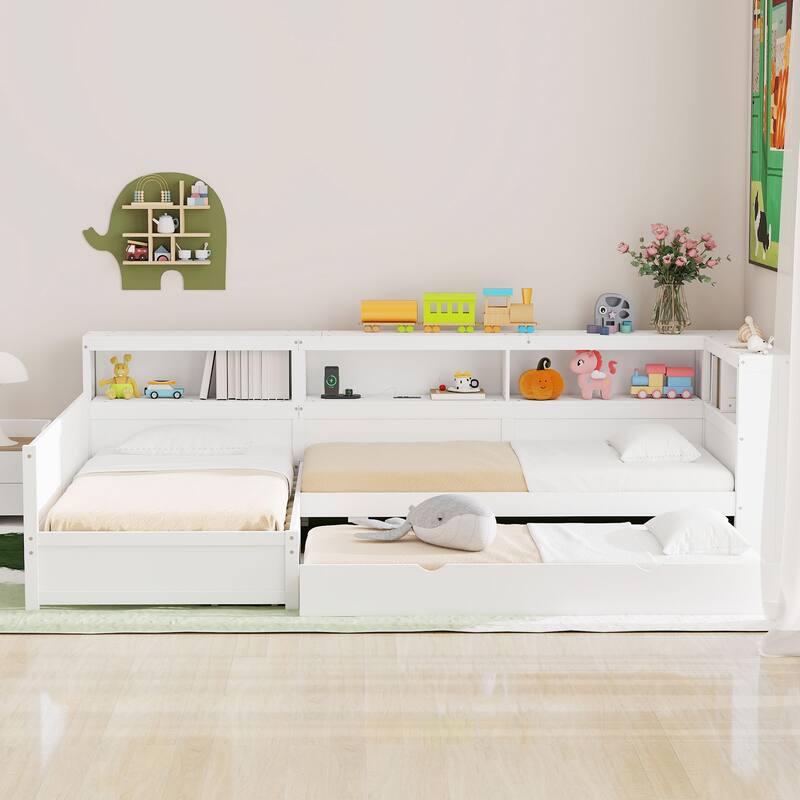 Wood Twin Size L-shaped Platform Bed with Trundle and a Drawer, White