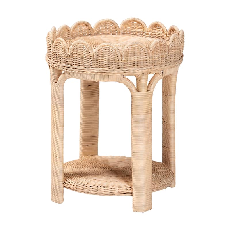 Latoya Natural Rattan End Table - Handwoven Wicker 2-Tier Side Table with Scalloped Border for Living Room or Bedroom - Natural Brown