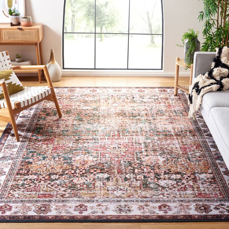 SAFAVIEH Tucson Machine Washable Slip Resistant Gena Oriental Rug - 7' Square - Ivory/Green