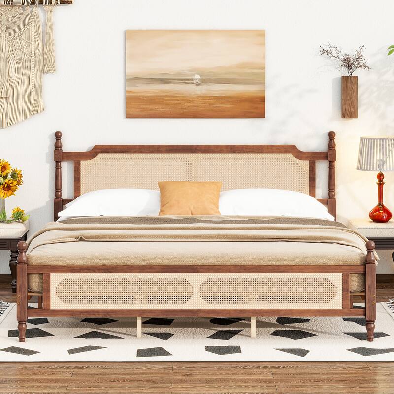 King Pine Wood Bed with Rattan Headboard & Footboard, Spherical Bedposts, Walnut