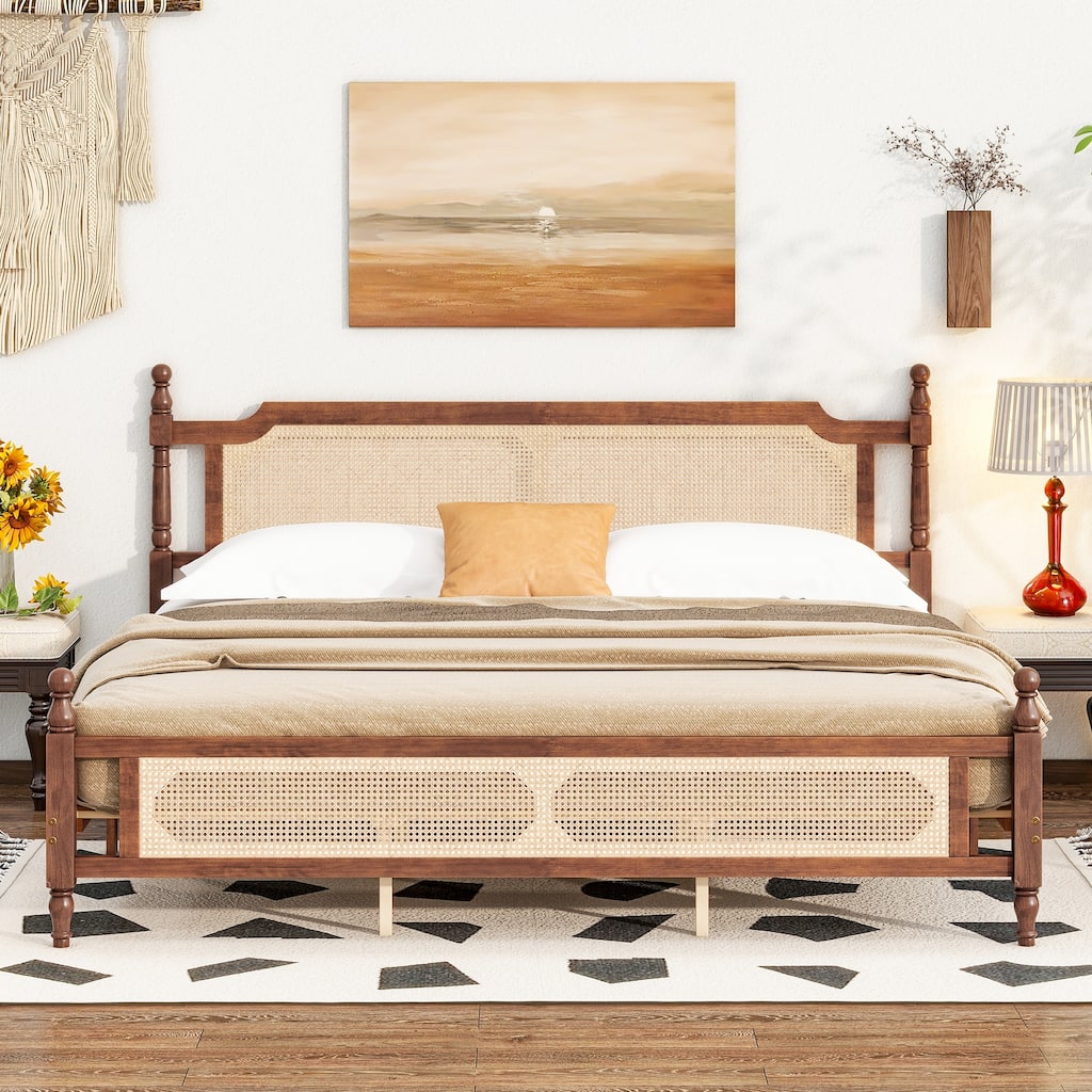 King Pine Wooden Bed with Rattan Headboard and Footboard, Central Enhanced Bed Platform, Walnut