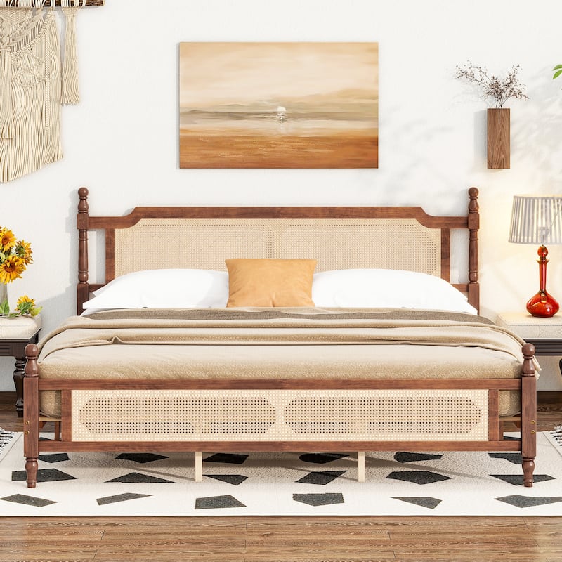 King Pine wooden Bed with Rattan Headboard and Footboard, with Central Enhanced Bed Platform,Walnut - Walnut