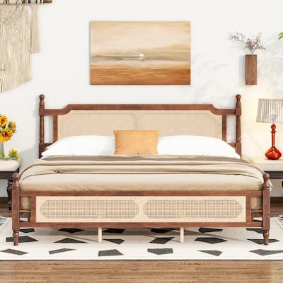 Pine wooden Bed with Rattan Headboard and Footboard