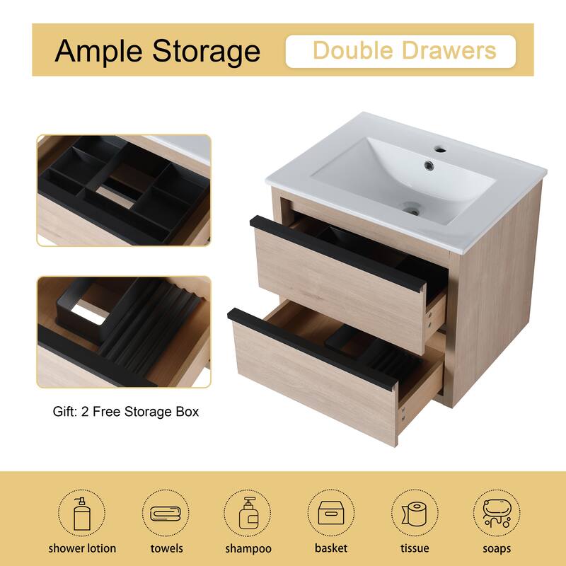 Malwee 24" Floating Bathroom Vanity, Wall Mounted Bathroom Vanity with Ceramic Sink,2 Soft Close Drawers