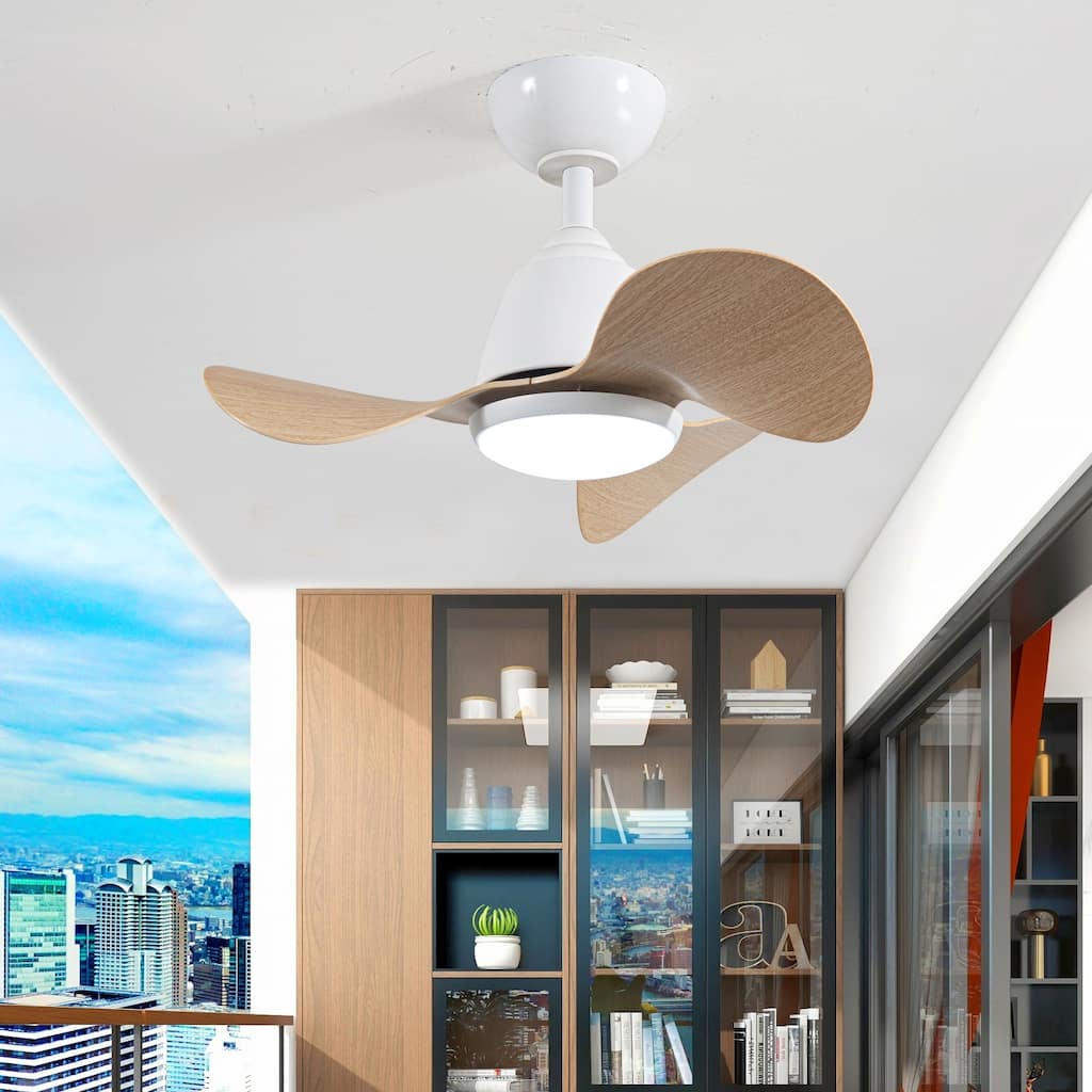 Cian Modern White Lighted Ceiling Fan with Natural Wood Finish 3-Blades LED Remote Control - White-Natural
