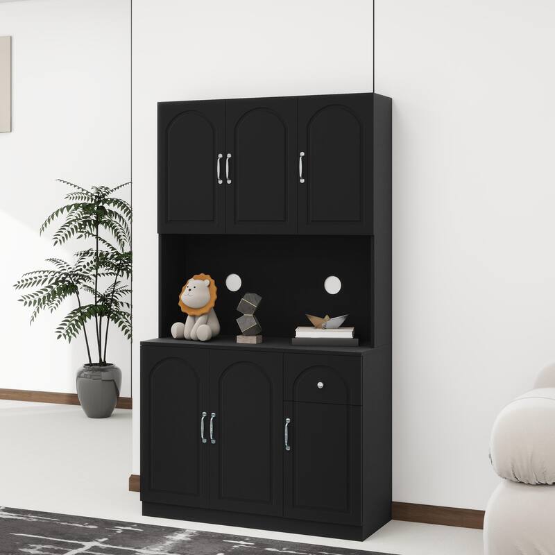 71" Kitchen Pantry Storage Cabinet with Microwave Oven Countertop,Freestanding Hutch Cabinet with Adjustable Shelves