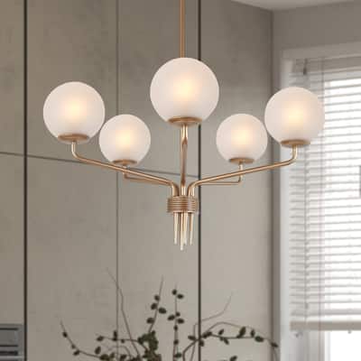 Modern Gold 5-Light Frosted Glass Chandelier Wagon Wheel Pendant Light for Dining Room - 24" D x 20.5" H