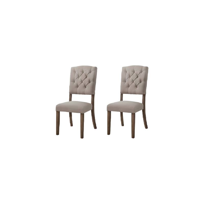 Set of Two Tufted Cream And Brown Upholstered Linen Open Back Dining Side Chairs