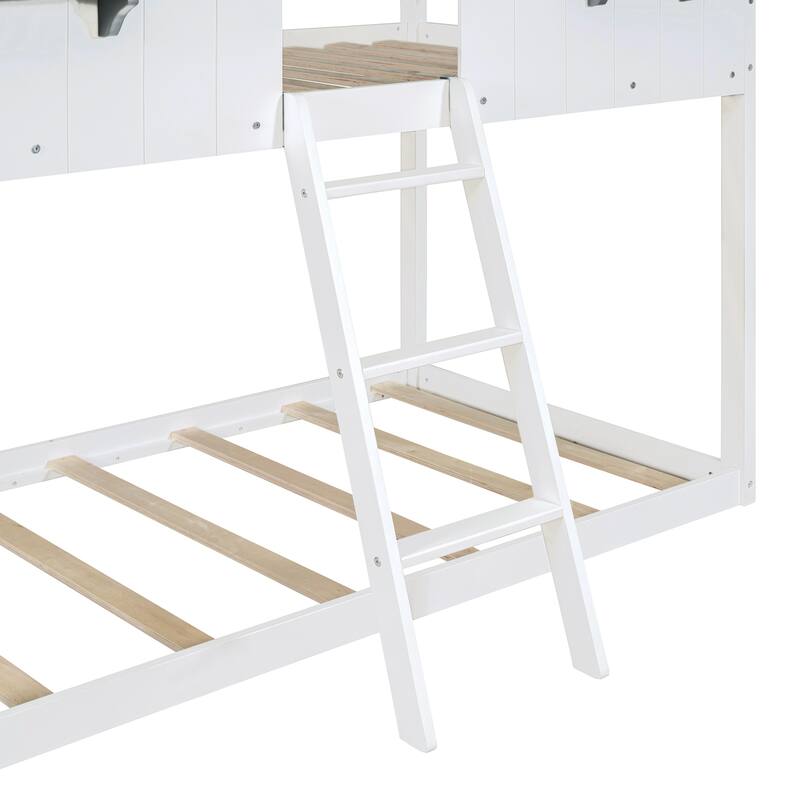 Twin Over Twin Bunk Bed with Roof, Window, Guardrail, and Ladder in White