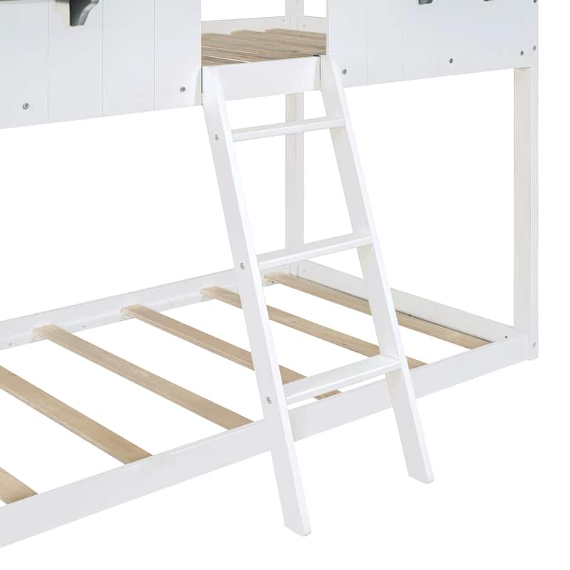 Twin Over Twin Size Bunk Platform Bed Frame with Roof and Window, Fun Playhouse Design with Guardrails, Bedroom Furniture