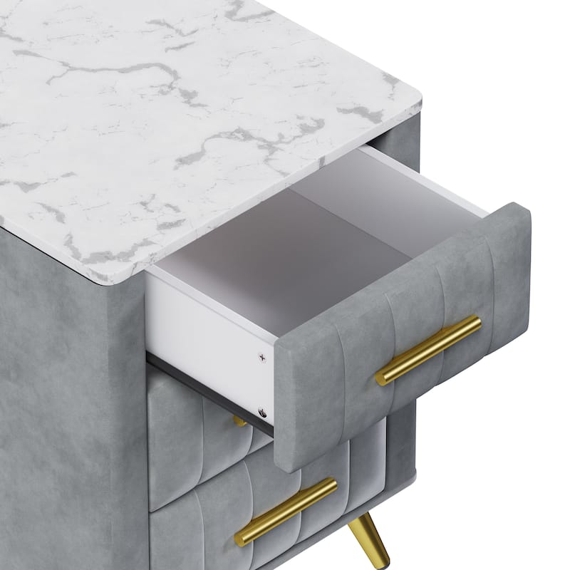 Upholstered Wooden Nightstand with 3 Drawers and Metal Legs&Handles, Bedside Table with Marbling Stickers Worktop - Grey