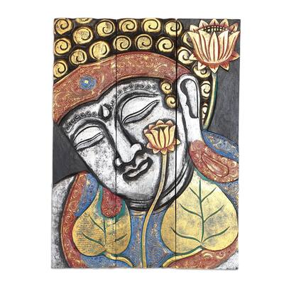 Novica Handmade Buddha With Lotus In Silver Wood Wall Panel
