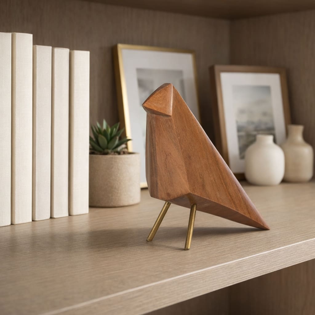 Wooden Abstract Bird Figurine Statue - Brown & Tan