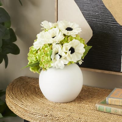 White Fabric Artificial Flower with Green Leaves and Round Ceramic Vase