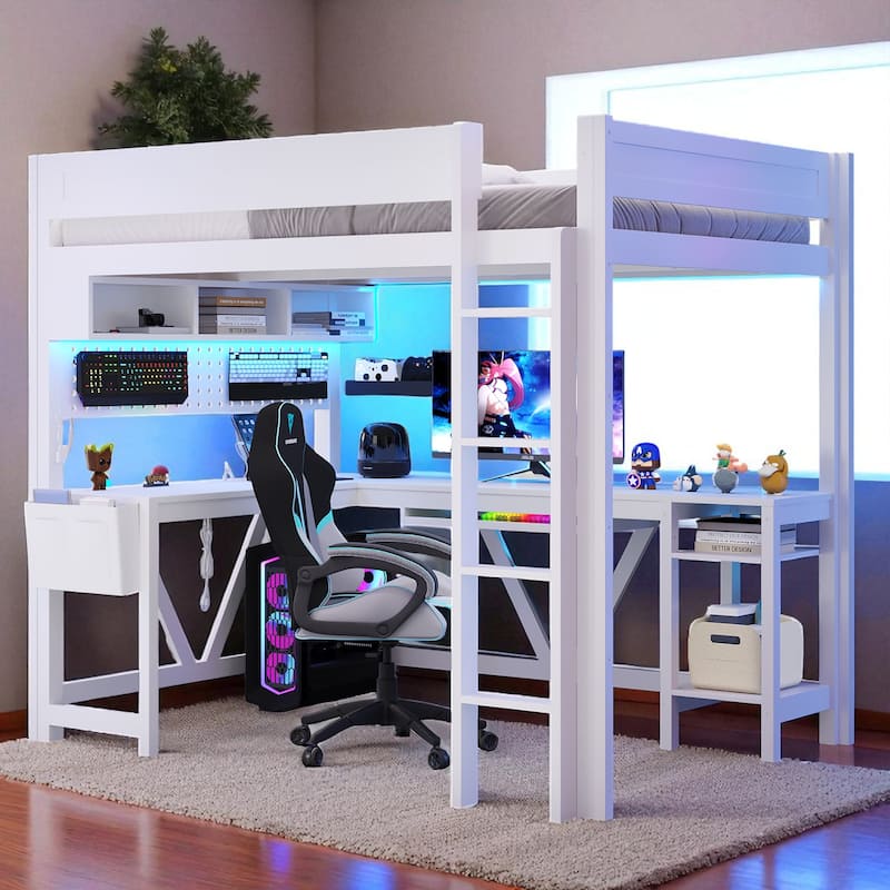 Full Size Wood Gaming Loft Bed with Desk, LED Shelves, Charging Station, Storage Shelf and Guardrails