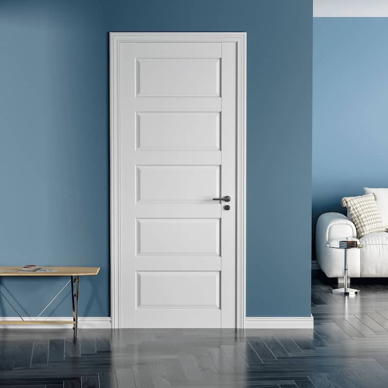 80"H 5 Paneled White Primed Solid Core Wood Pantry Interior Slab Shaker Door Standard Door - 36X80