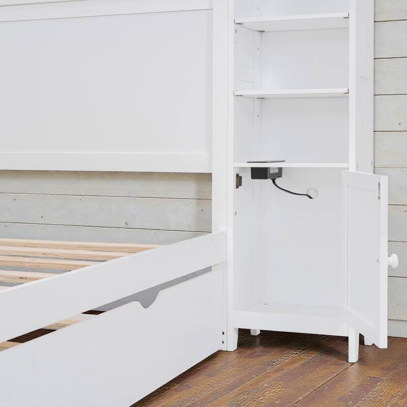 Wooden Platform Bed with Storage Headboard, Drawers, Twin Trundle and Built-In Outlets