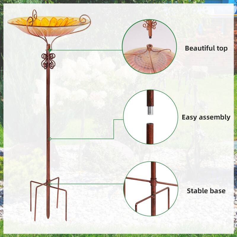 Tall Glass Birdbath Birdfeeder with Metal Stake Garden Yard Outdoor