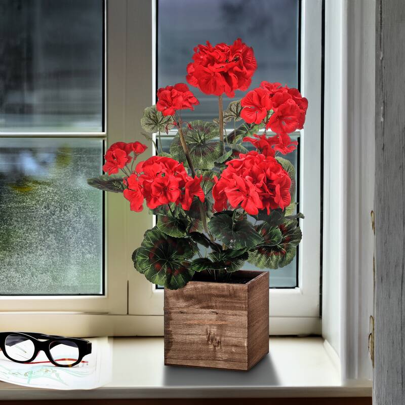 Potted Geranium In Wood Box 16.5" - Red