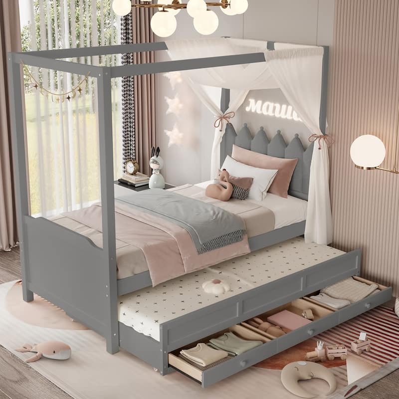 Full/Twin Platform Bed with Upholstered Headboard, Trundle & 3 Drawers, Princess Canopy Bed - Grey - Twin
