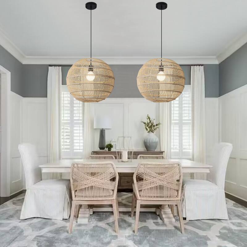 1-Light Globe Chandelier with Rattan Shade, No Bulbs Included