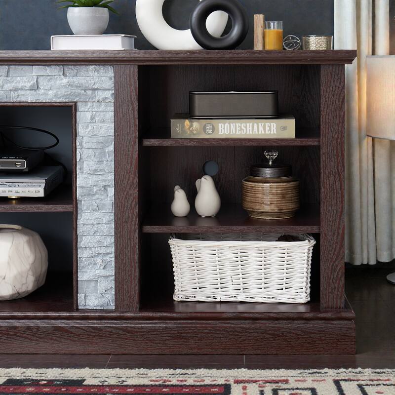 70 Inch TV Stand for TVs up to 75 Inch, Media Console with Faux Stacked Stone Surround, Storage Cabinet & Cable Management