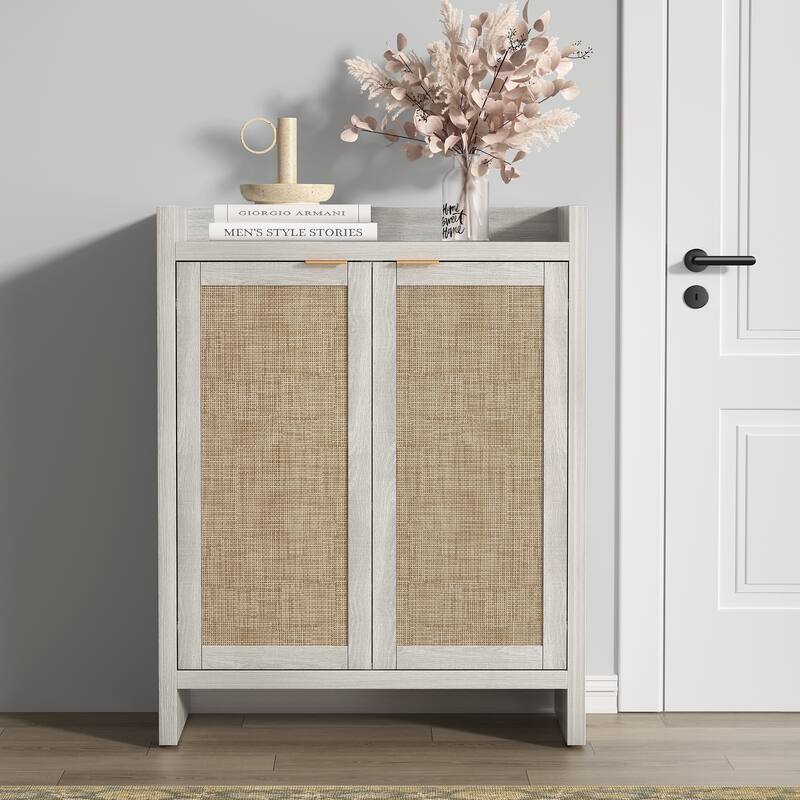 2 Doors Modern Natural Rattan Shoe Cabinet - White - 41 x 32.4 x 14.8