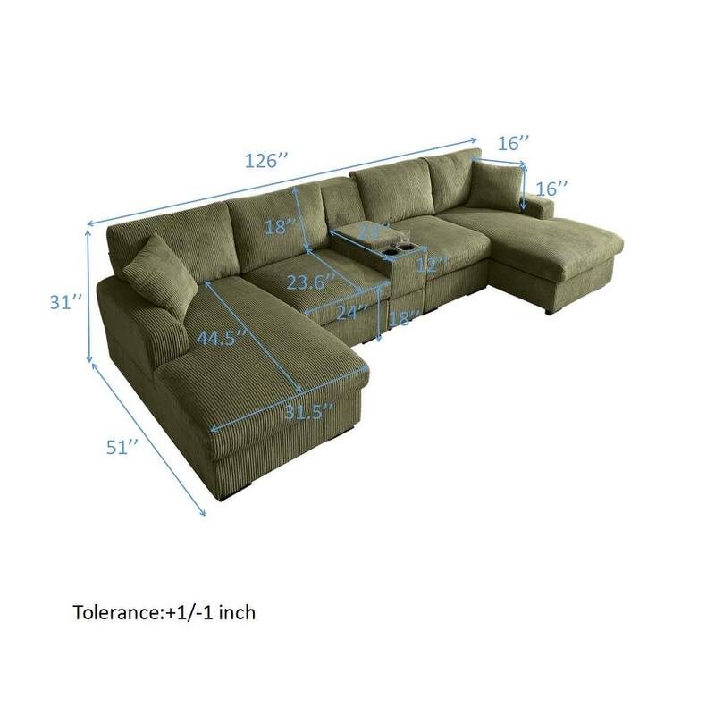 Modern Memory Foam Couch Corduroy U-shaped Sectional Sofa with Storage Console, Cup Holders and USB Ports for Living Room