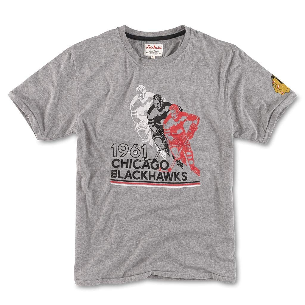 red jacket blackhawks shirt