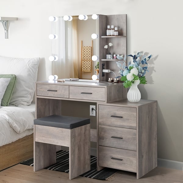 5 Drawers Dressing Table Set Grey with Mirror Cabinet and 3 Shelves - Bed  Bath & Beyond - 40521429