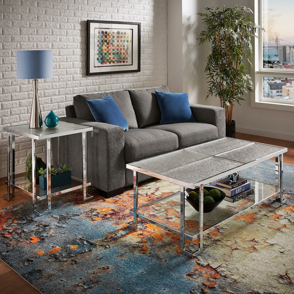 Cobble Chrome Finish Coffee Table with Textured Glass Top by iNSPIRE Q Modern