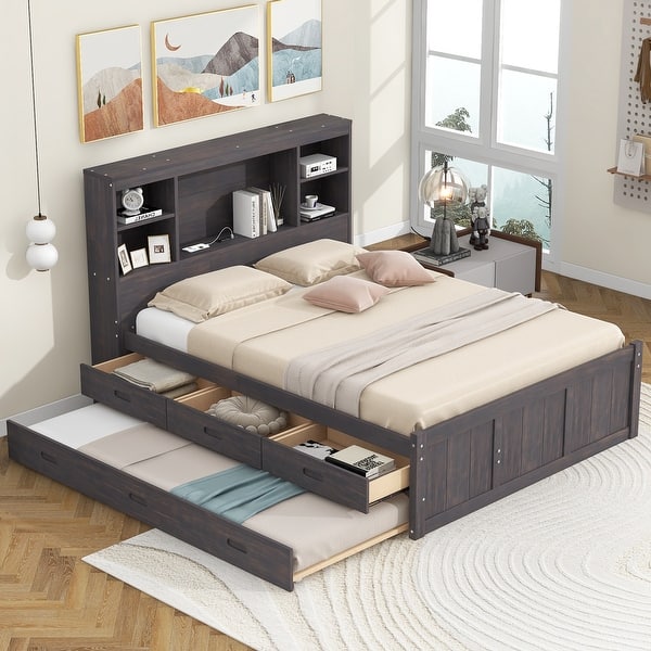 slide 2 of 30, Full Size Platform Bed with Trundle and Storage Headboard, Kids Bed Frame with Charging Station and 3-Drawers, Antique Brown Antique Brown