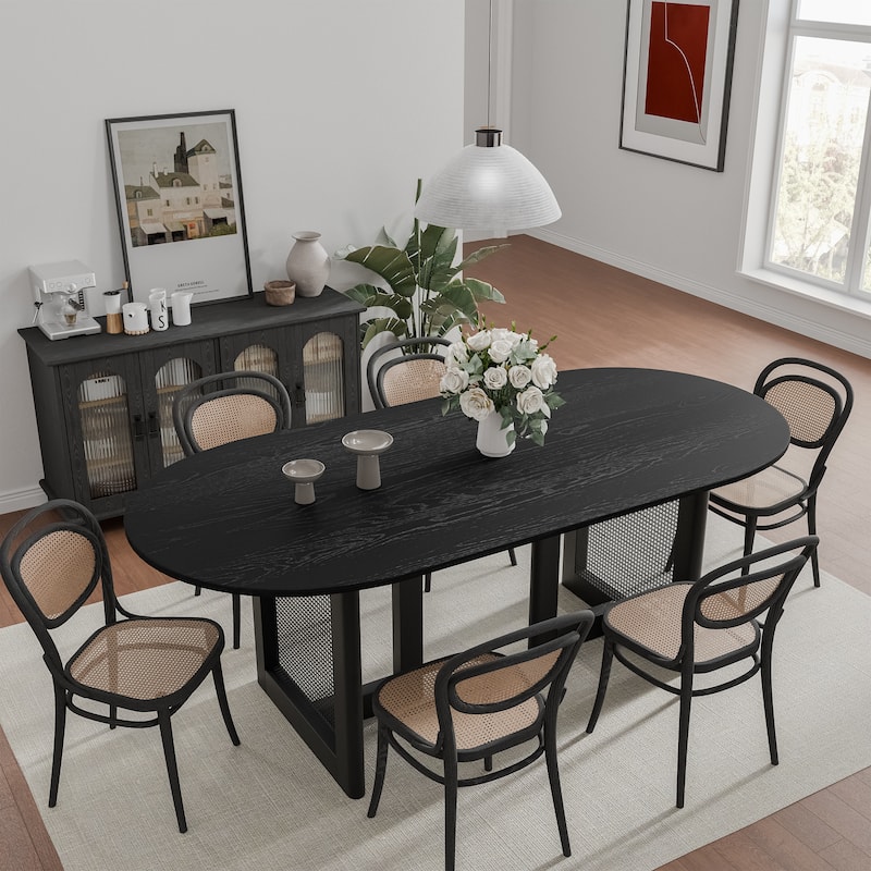 Modern Farmhouse Kitchen Dining Room Table Furniture Oval Kitchen Table with Rattan Woven Legs for Kitchen Bar Living Room - 67"x33.5" - Black