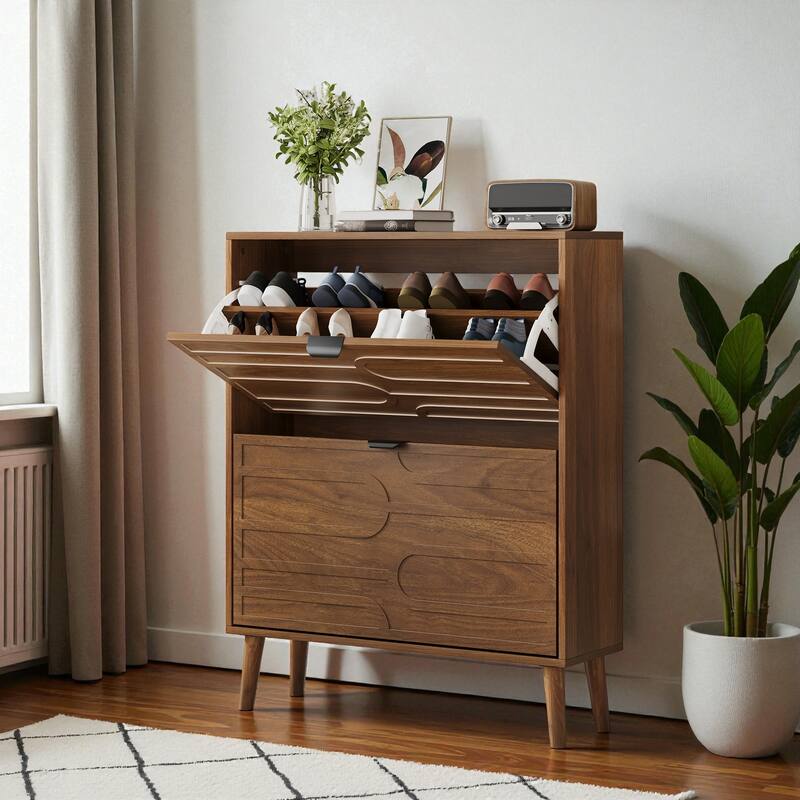 31.5" Walnut Shoe Cabinet with 2 Flip Drawers, Modern Farmhouse Shoe Storage Organizer for Entryway or Hallway