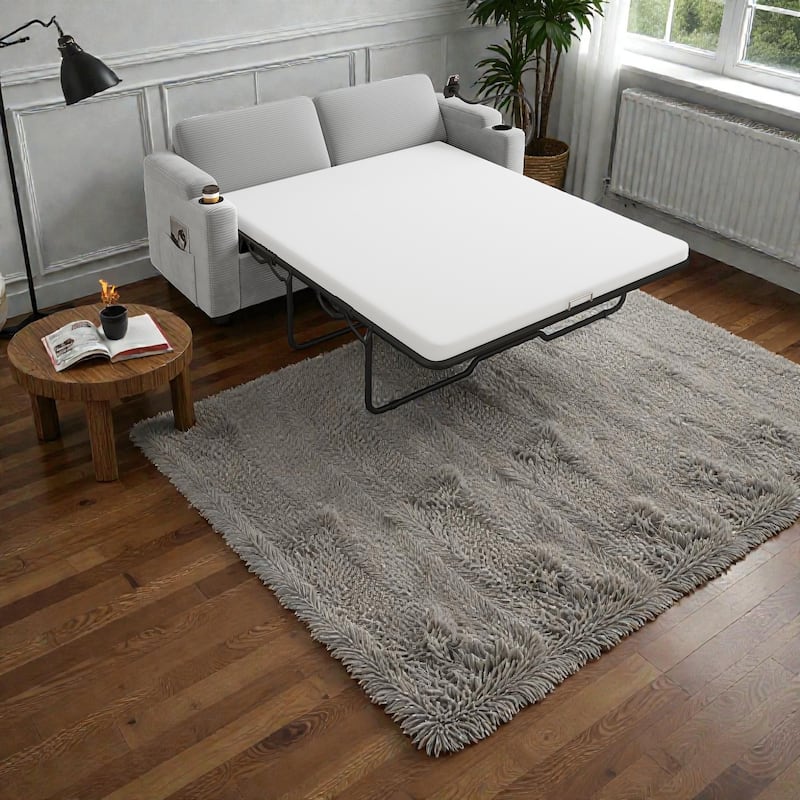 72.8" Corduroy Sleeper Sofa, Full Size Loveseat Bed with Mattress, USB Ports, Cup Holders, Side Pockets & Phone Holder