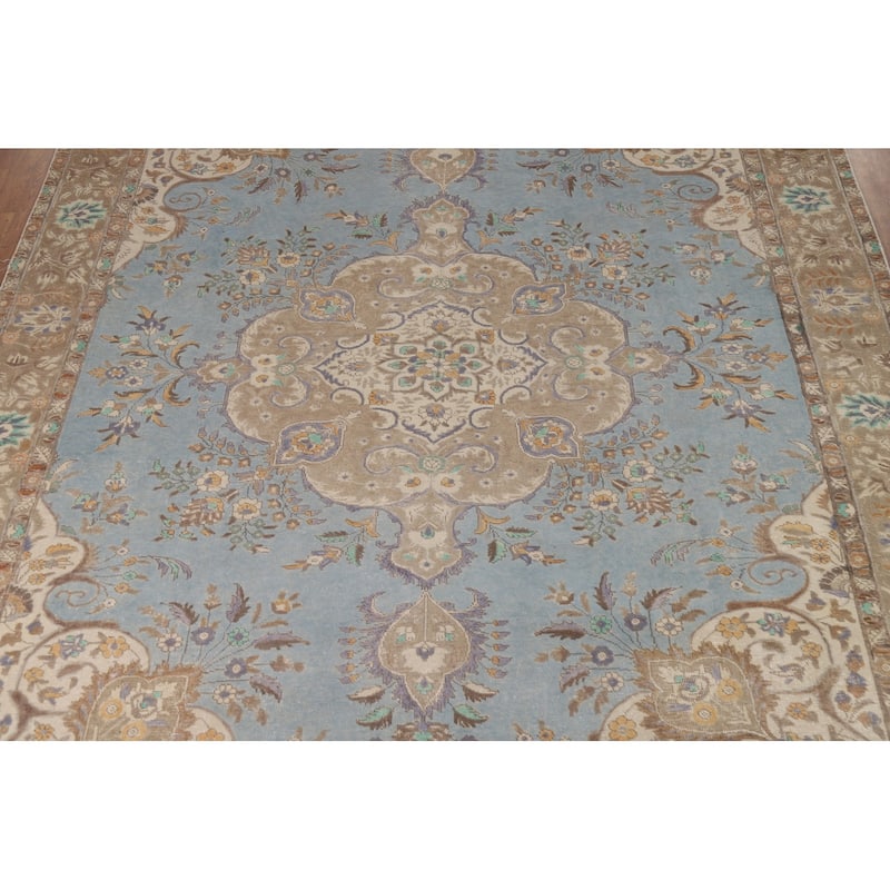 Light Blue Tabriz Persian Rug Traditional Hand-Knotted Wool Carpet - 9'9"x 12'9"