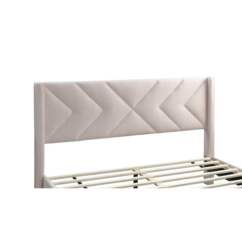 Modern Light Pink Velvet Upholstered Queen Size Bed with Geometric Headboard