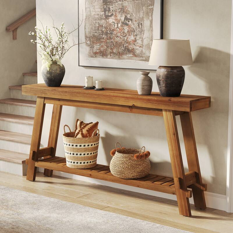 63 Inch Long Solid Wood Console Table with Shelf for Entryway - Bown