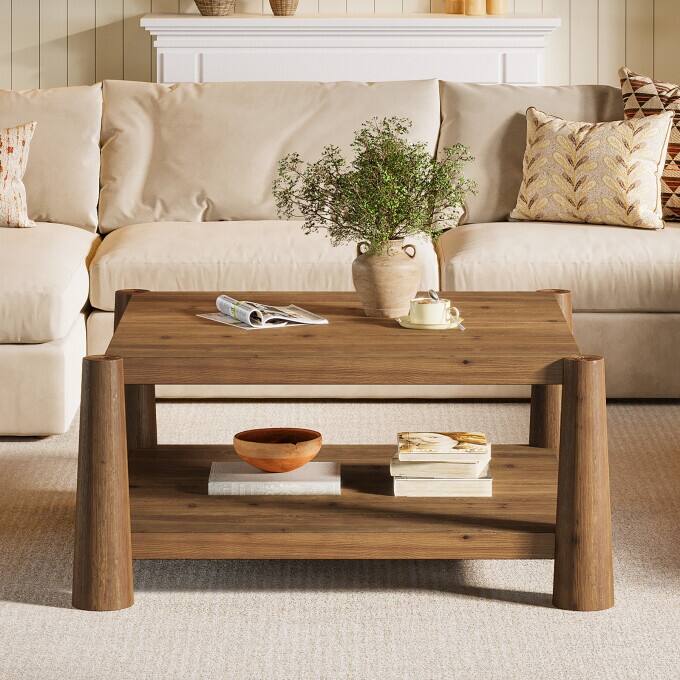 34" Rustic Solid Wood Coffee Table, Square Living Room Center Table