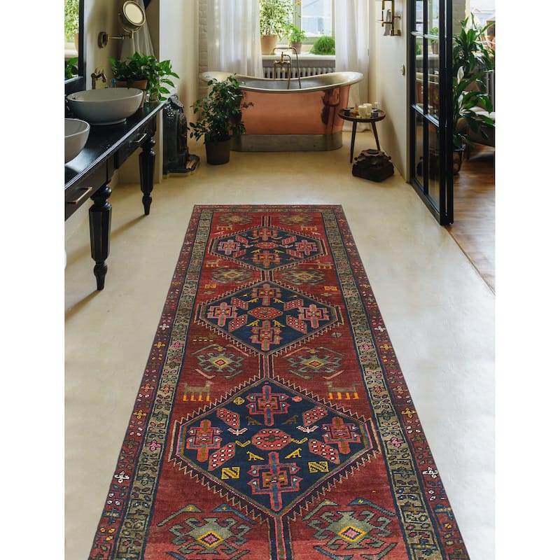 Fine Vintage Distressed Ferit Burgundy/Navy Runner - 3'2" x 8'11"