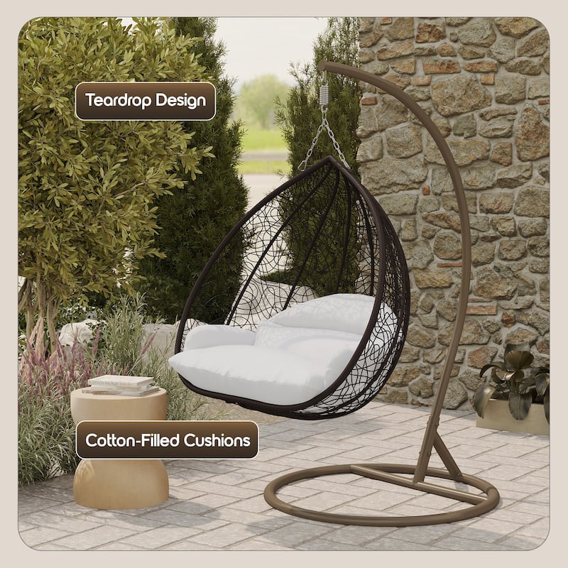 2-Person Egg Swing Chair in Brown Stainless Steel 2-Seater Porch Swing with Stand for Outdoor and Indoor - 77.95" Height