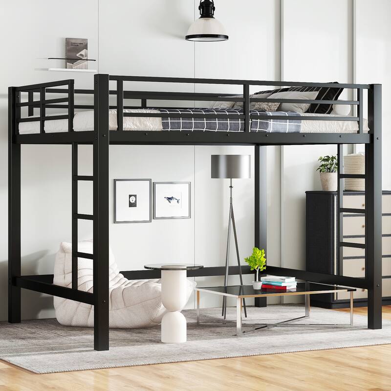 Full Size Metal Loft Bed Frame with Ladders and Guardrails