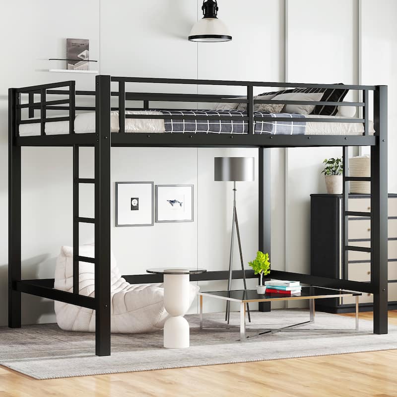 Roomfitters Metal Loft Bed with Dual Ladders, High Sleeper Frame with Under Bed Storage Space, Black