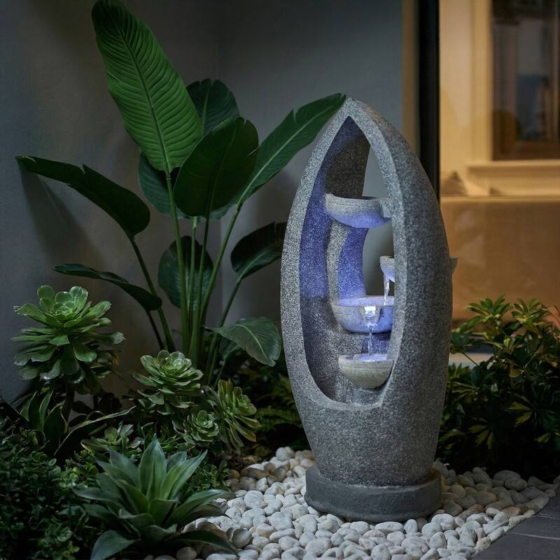 4 Tier Flowing Water Indoor/Outdoor Fountain Modern Hollow Oval and Blue Lighting Healing Decor