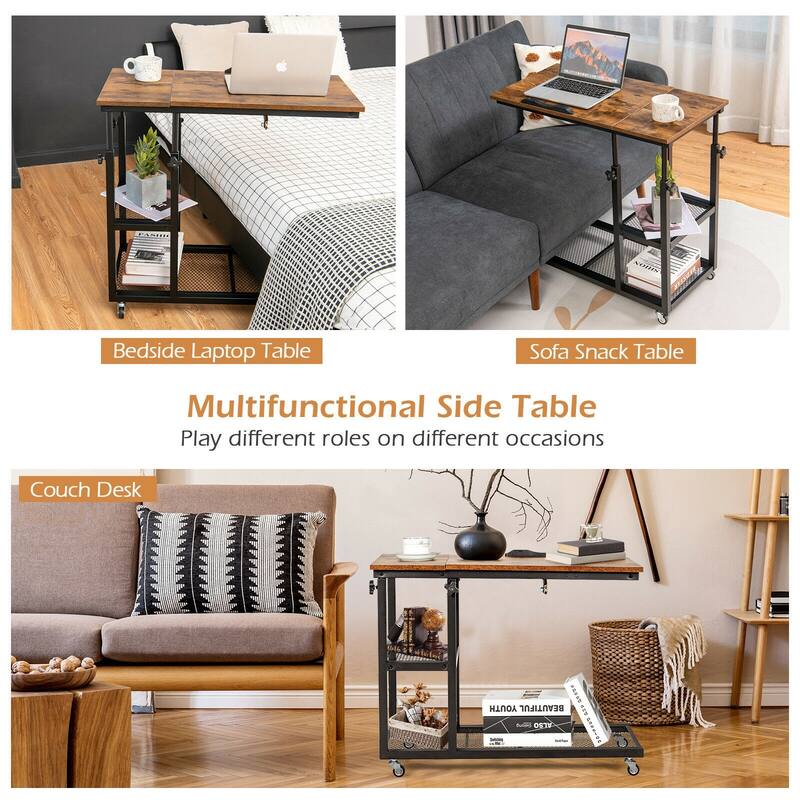 Height Adjustable C-Shaped End Table with Lockable Wheels and Tiltable Table Top - 31.5" x 16" x 25"-37.5"