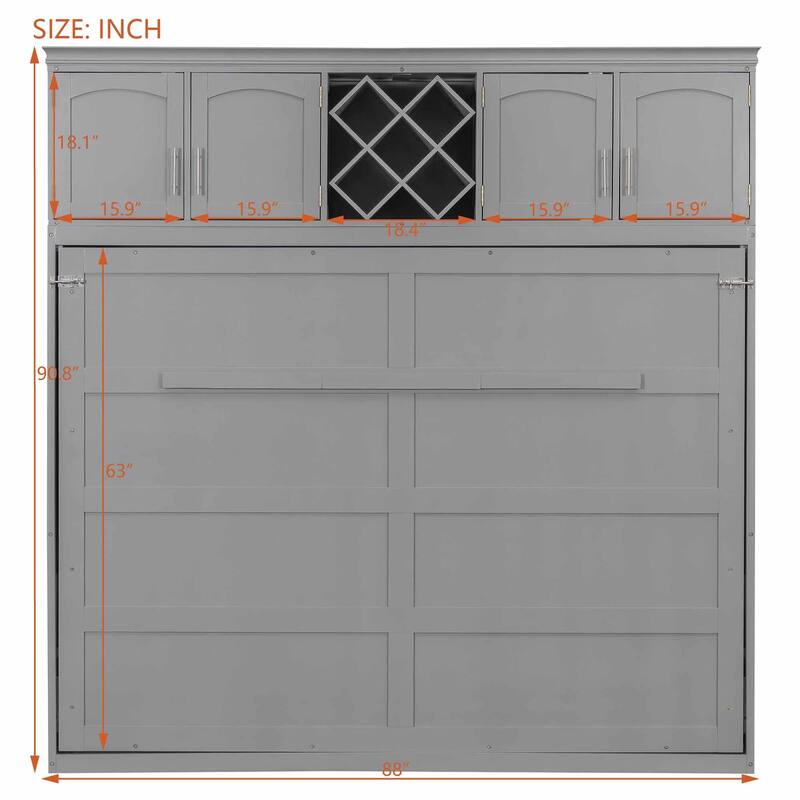 Queen Murphy Bed with Upper Cabinets and Wine Rack, Space-Saving Foldable Wall Bed with Slats