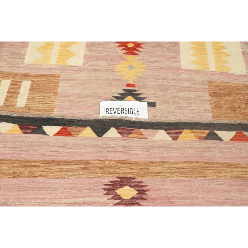 Hand Woven Oriental 100% Wool Carpet Southwestern Tribal Pink Kilim Area Rug - 12' 9'' X 9' 11''